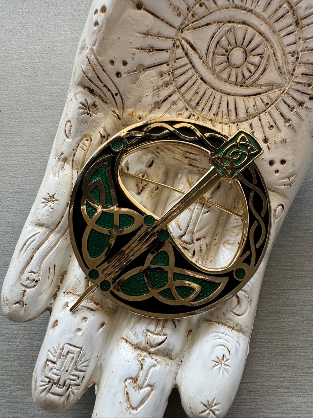 Celtic Sea Gems Scotland Enamel Brooch Pin |Green & Gold Vintage Orkney Scotland